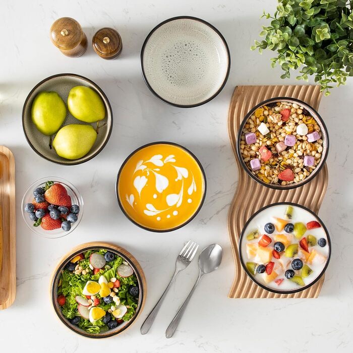 Набір посуду Vancasso AMBER на 12 осіб, 48 предметів: тарілки обідні, десертні, супові, миски. Реактивна глазур, жовтий. Підходить для мийки посуду