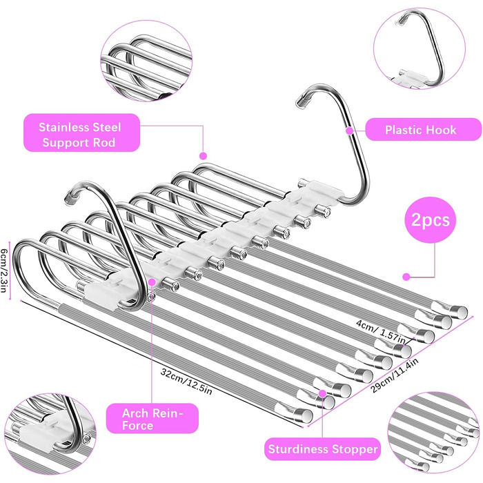 Компактні вішалки для штанів 9-в-1 з нержавіючої сталі, 2 шт. и, нековзкі, складні, білий сірий