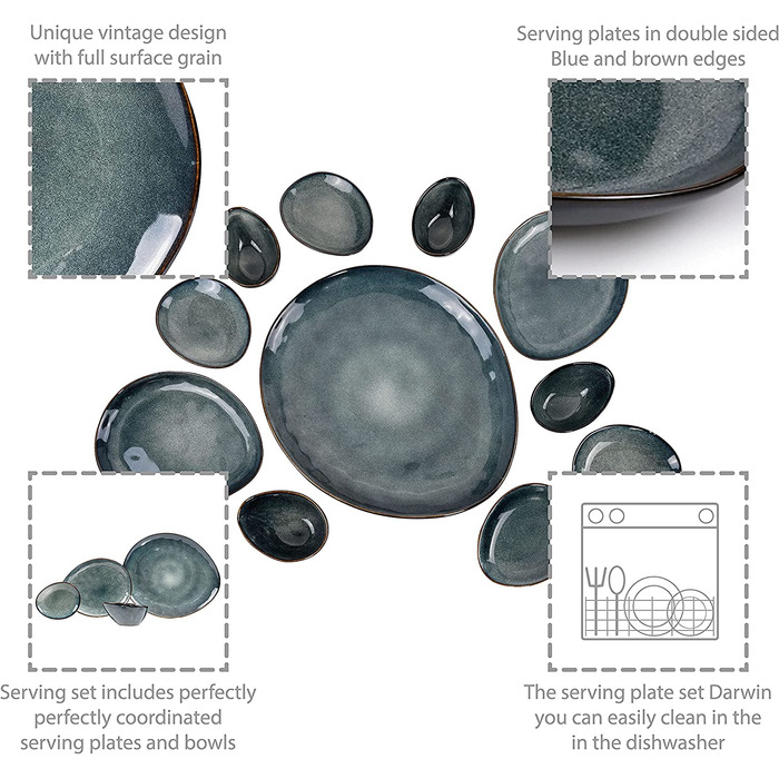 Сервіровка столу з керамограніта Дарвін, набір посуду з 12 предметів на 4 персони, сучасний і унікальний дизайн (набір сервірувальних тарілок 1)