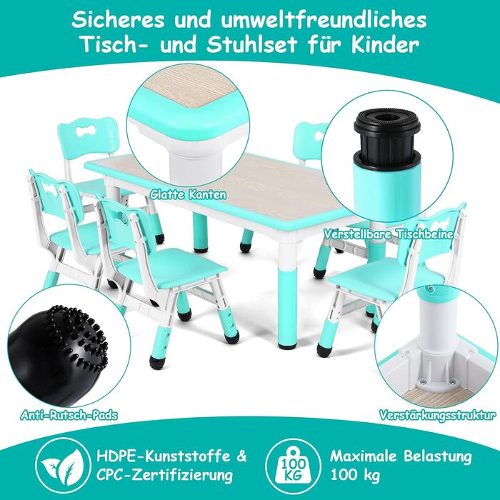 Дитячий стіл MAMIZO на 6 стільців, регульований по висоті, для дитячого садка та дитячої кімнати, від 2 років, м'ятно-зелений