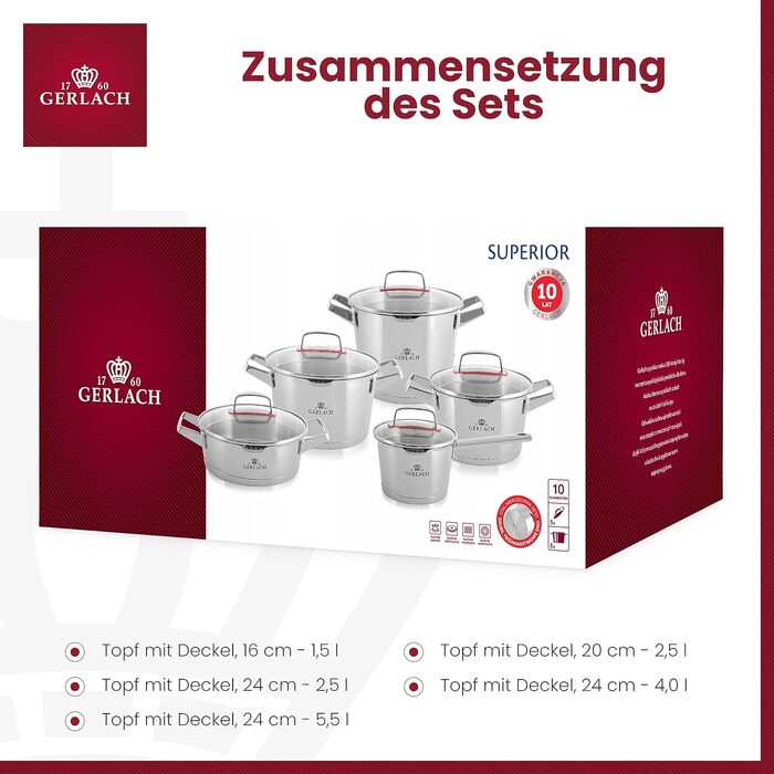 Набір каструль Gerlach Superior індукційний з нержавіючої сталі, посуд з 5 предметів