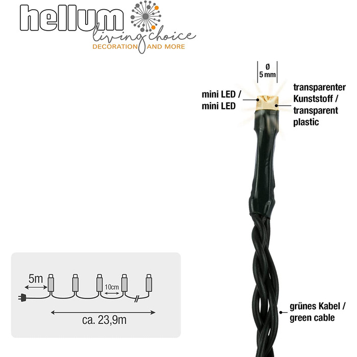 Світлодіодна гірлянда HELLUM зовні з таймером I 19,9 М 200 світлодіодів I тепла Біла гірлянда I Світлодіодна гірлянда з живленням від вилки I освітлення різдвяної ялинки з зеленим проводом I 577389 (теплий білий світ / зелений провід, 240 світлодіодів / п