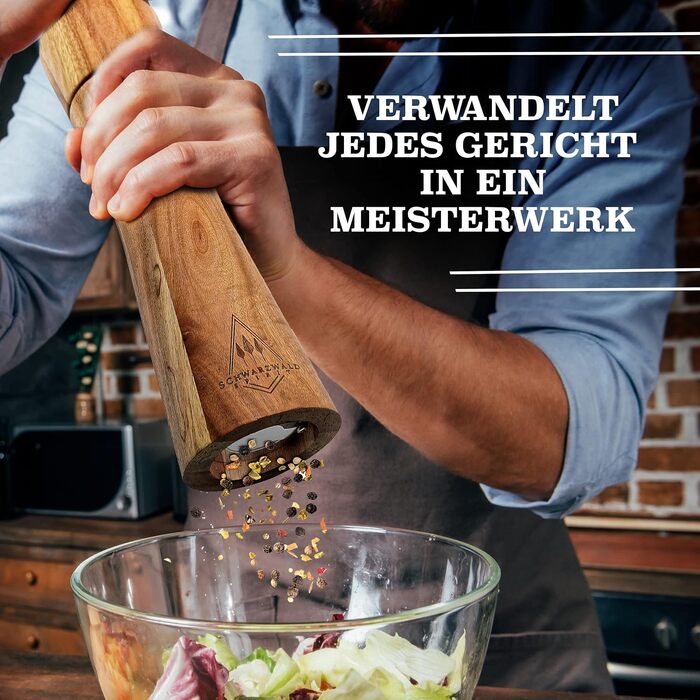 Набір з 2-х дерев'яних мельниць для солі та перцю (21 см) з керамічним механізмом - з пензликом для чищення та рецептами, кухонні аксесуари, подарунок