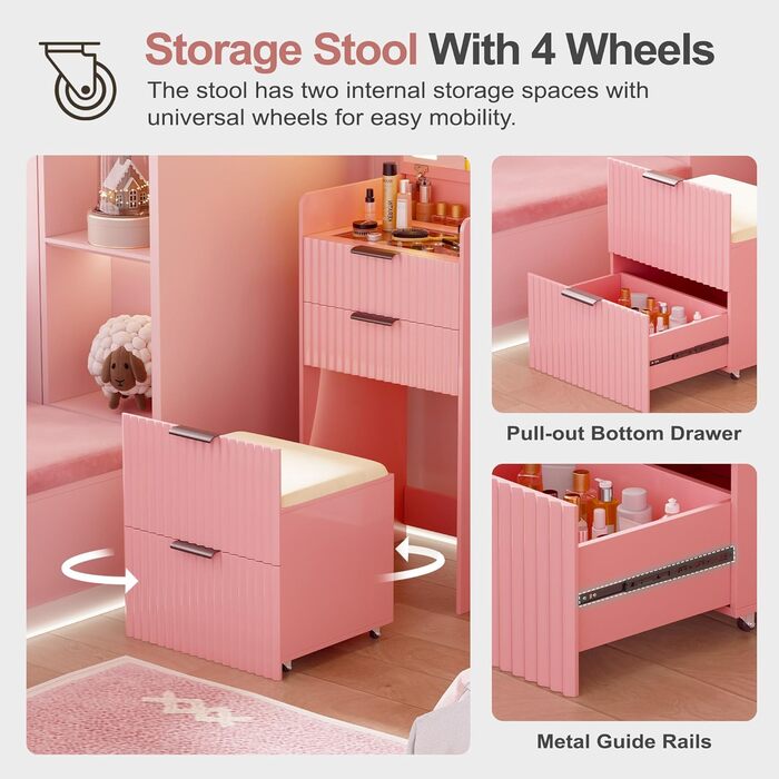 Трюмо Lvifur з LED-дзеркалом та 3 шухлядами, кутовий, для спальні, квартири, гуртожитку, білий (рожевий)