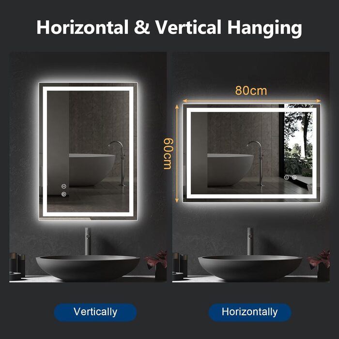 Дзеркало для ванної кімнати зі світлодіодним підсвічуванням 50x70 см, LED дзеркало з сенсорним вимикачем, 80x60 см з 3-кольоровим регулюванням яскравості