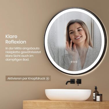 Дзеркало для ванної кімнати EMKE з підсвічуванням, діаметр 50 см, чорна рама, регульоване світло, антизапар, сенсорне управління, функція пам'яті, 80x80 см