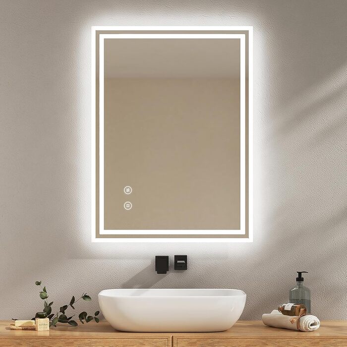 Дзеркало для ванної кімнати EMKE з підсвіткою 50x60 см, антизапарник, холодний білий, диммування, сенсорне управління, функція пам'яті, автоматичне вимкнення через 3 години, IP44, енергозберігаюче (90x70 см)