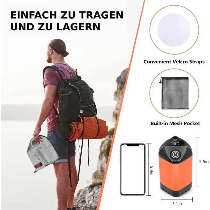 Набір для душу намету Campingdusche з насосом та акумулятором 7800mAh, оранжевий