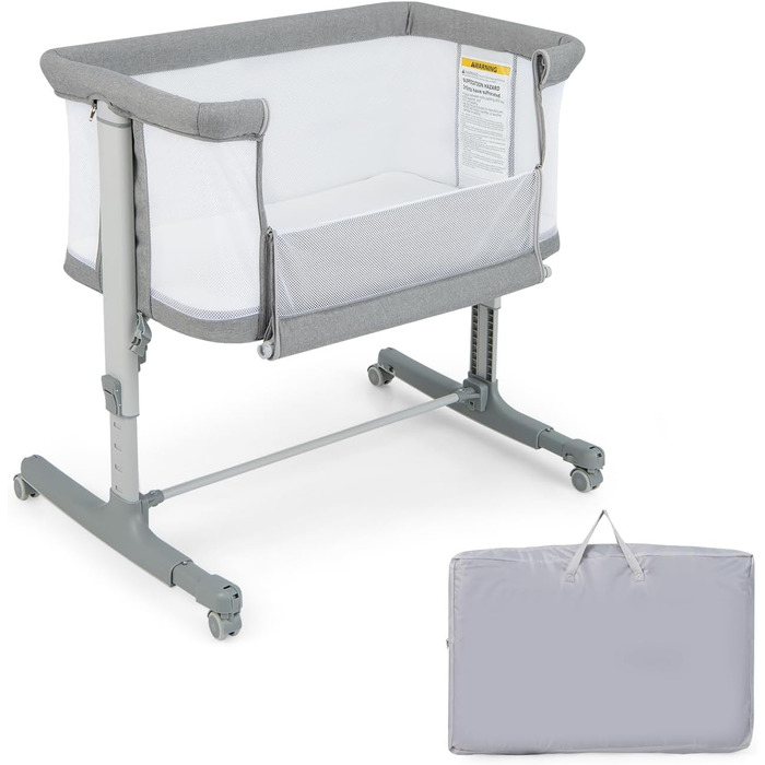 DREAMADE Beistellліжко 2-в-1 з регулюванням висоти, 5-рівнів, для новонароджених, з матрацом та колесами, 86 x 63 см, нахил 10°, сірий колір