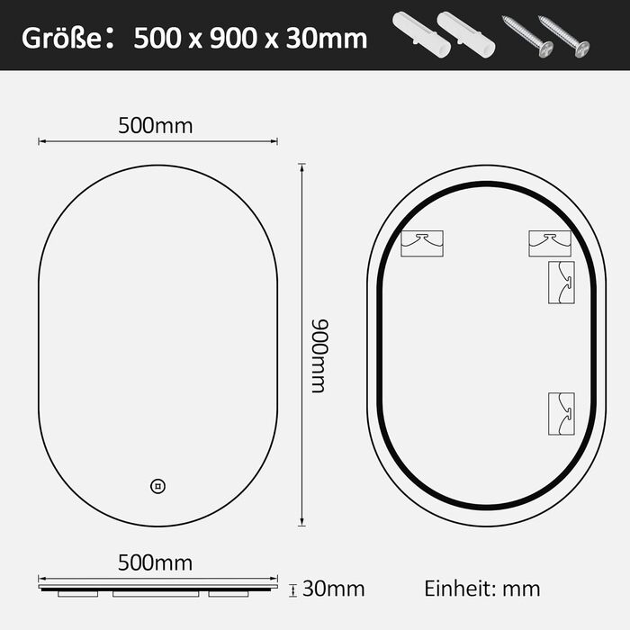 Дзеркало для ванної кімнати Boromal з підсвічуванням, овальне LED, 50x90 см, сенсорне керування, диммування, 3 кольори світла