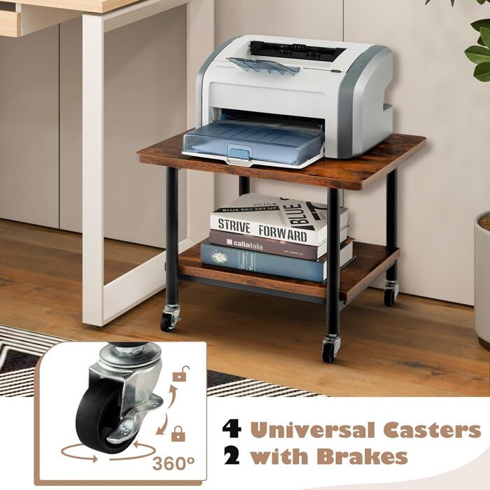 Стіл для принтера HOMASIS 2-ярусний, стійка для принтера з 4 колесами та 2 гальмами, вантажопідйомність 55 кг, підставка для принтера, полиця для принтера, візок для принтера для офісу та дому (колір: коричневий)