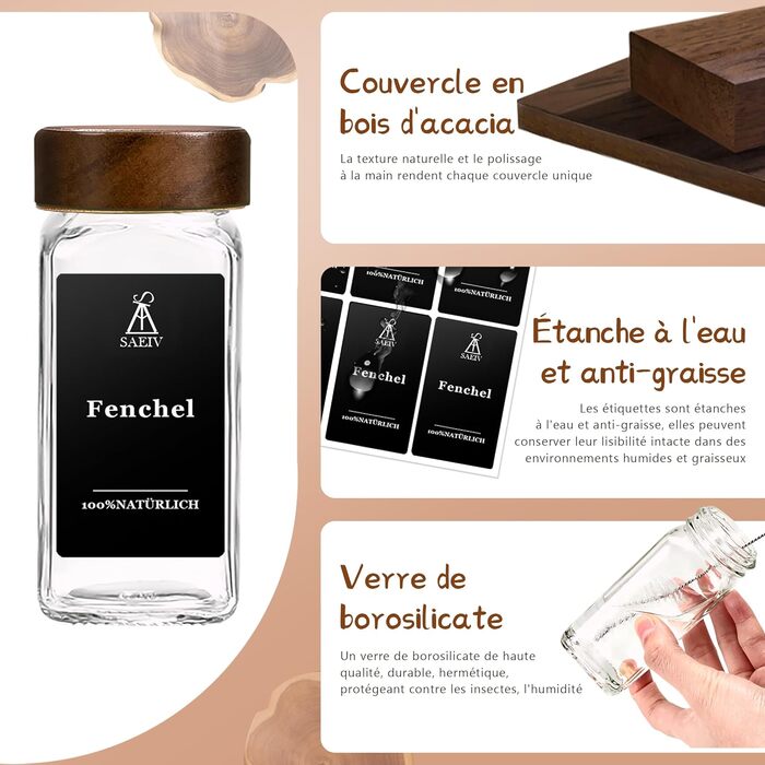 Набір скляних банок для спецій з кришками з акації | 24 шт. | 120 мл | Організатор для кухні