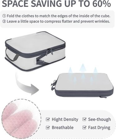 Набір органайзерів для валізи ECOHUB (6 шт), компресійні дорожні сумки-кубики з переробленої сітчастої тканини для рюкзака та ручної поклажі, сірий колір