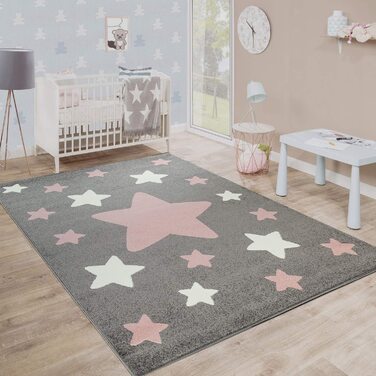 Пако домашній килим для дитячої кімнати дитячий килим з великими і маленькими зірками сіро-рожевого кольору, розмір (діаметр 200 см круглий)