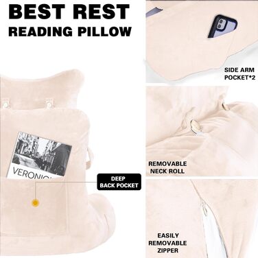 Велике крісло-мішок для читання, 78,7 см, з підголовником та підлокітниками, спинка для читання та відпочинку, сірий (бежевий, середній)