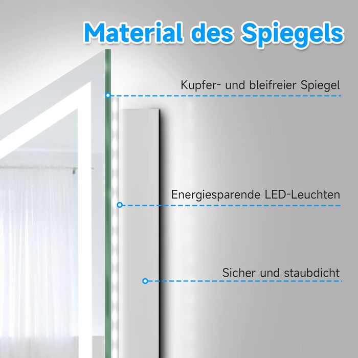 Елегантне дзеркало для ванної кімнати з LED-підсвічуванням 45x60 см, холодне біле світло, IP44, енергозберігаюче. Ванне дзеркало, дзеркало для ванної, настінне дзеркало. Розміри: 80x50 см