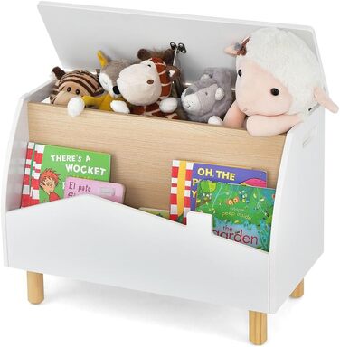 Дитяче книжкове та іграшкове шафка SOARS 2 в 1, білий, 60 x 30 x 44 см. Масивні дерев'яні ніжки, органайзер для іграшок з кришкою та відкритими полицями. Шафа для дитячої кімнати.