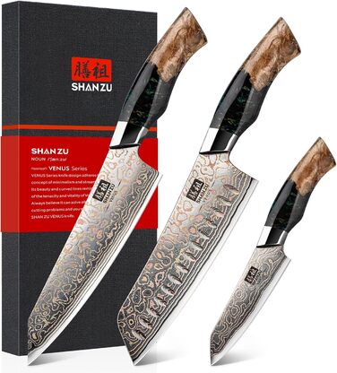 Набір кухонних ножів SHAN ZU Venus: 3 шт., 20 см, дамаск, ручка з міді, сталь 33 шари, ручна робота, японський кухонний ніж для професіоналів