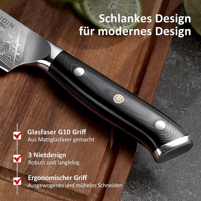 Японський ніж Santoku PAUDIN з дамаської сталі 13 см - професійний кухонний ніж для кухні, надзвичайно гострий, з ергономічною ручкою G10