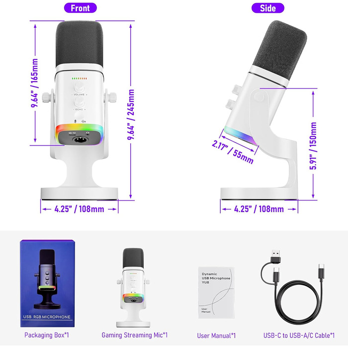 Мікрофон Facmogu для подкастів та стрімінгу, USB/XLR, з RGB-підсвічуванням та регулюванням гучності, білий