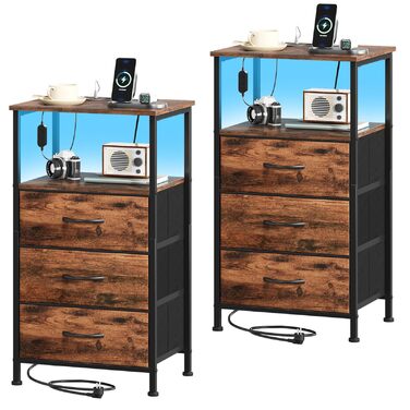 Нічний столик Somdot з підзарядкою, LED, розеткою (USB, Type-C) для спальні, вітальні, дитячої кімнати. Нічний столик, тумбочка, 30x40x60 (2 висувні ящики), деревоподібний масив, 2