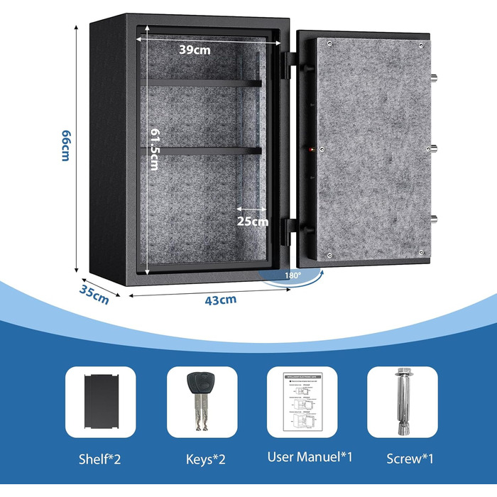 Біометричний вогнестійкий сейф WASJOYE з відбитком пальця, цифровою клавіатурою та зарядкою Type-C, 66L, для дому, офісу, готелю, водонепроникний, для документів та готівки