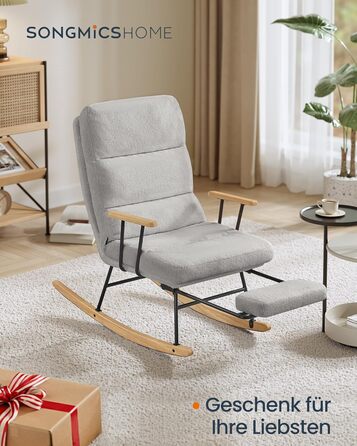 Крісло-гойдалка SONGMICS HOME з дерева каучука, з флісовою оббивкою, регульована спинка, до 160 кг, сірий (LYY016LJ01)