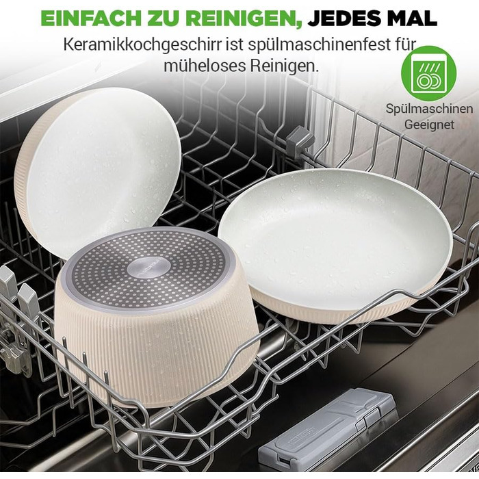 Набір посуду NutriChef 18 частин з кераміки кремового кольору з знімними ручками. Підходить для індукційних плит, всіх типів плит, духовок. Антипригарне покриття, компактний, можна складати.