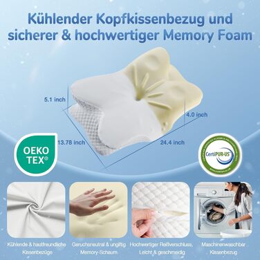 Ортопедична подушка для шиї з Memory Foam, сертифікат Oeko-TEX®, ергономічна подушка для сну на боці, спині та животі (біла)