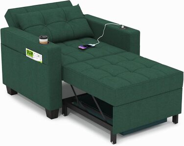 DURASPACE крісло-ліжко 3-в-1 99 см, розкладне, з USB, кишенею та підсклянником, для малих кімнат, зелений