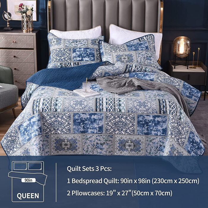 Покривало Qucover в стилі печворк 220x240 см, синє покривало для двоспального ліжка в вінтажному стилі, стьобана літня ковдра з набором подушок, з бавовни та поліестеру, потертий шик 230 х 250 см