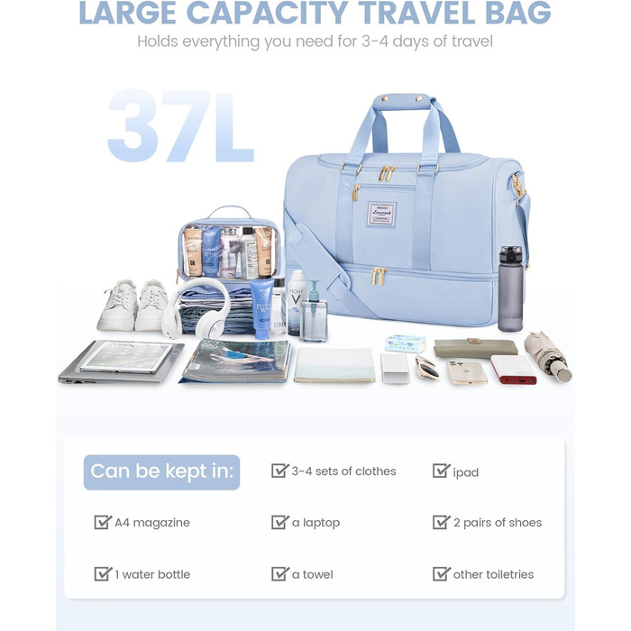 Спортивна сумка LOVEVOOK: дорожня, для вихідних, з відділенням для взуття та мокрих речей, водонепроникна, для пляжу, сауни, ручної поклажі, зелена (M, світло-блакитний)