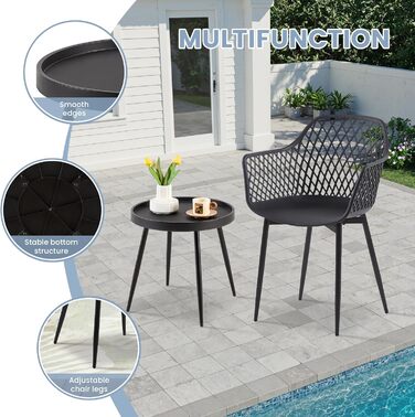 Набір меблів для балкона на 2 особи: стіл та 2 стільці з регульованими ніжками, чорного кольору