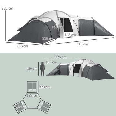 Кемпінговий намет Outsunny Tunnel Tent на 6-9 осіб з 3 спальнями, вітальнею та верандою, водяний стовп 2000 мм, сірий