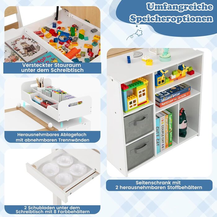 Дитячий стіл COSTWAY 3 в 1 з 2 стільцями: стіл для малювання, мольберт, місце для зберігання. Дерев'яний дитячий стіл-трансформер, 120 x 60 x 60 см (натуральний колір).