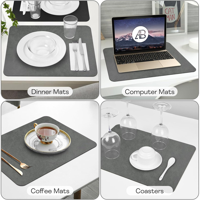 Набір підставок під тарілки 6 шт, неслизькі, миючіся, з штучної шкіри, 40 x 30 см (сірий/чорний)