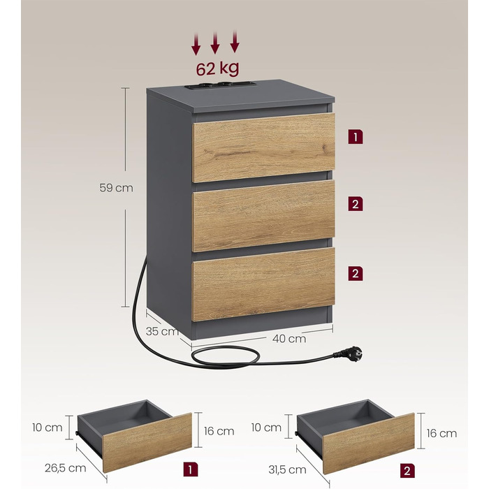 Приліжкові тумбочки VASAGLE Kailyn (2 шт.) з розетками, 3 шухляди, сірий + коричневий, LET831G01