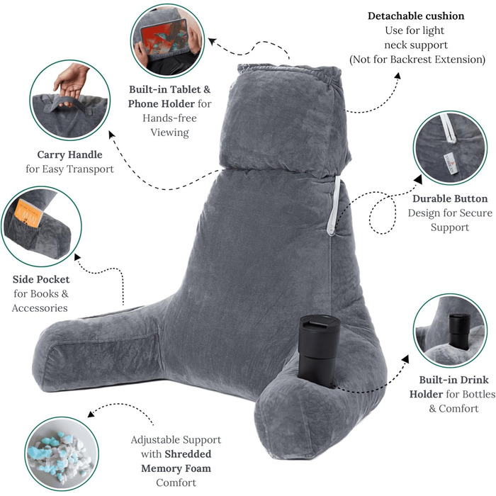 Storrejoy Велике подушко-крісло для читання - спинка для сидіння в ліжку з підлокітниками, знімною подушкою для голови, з піною з пам'яті, тримачем для книги/планшета, кишенями для зберігання та отвором для ручки (Антрацит) Темно-сірий