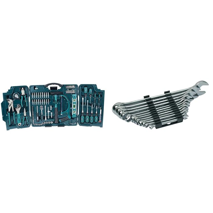 Набір інструментів Brüder Mannesmann 89 предметів у кейсі: універсальний набір з Cr-V сталі (пила, молоток, плоскогубці, ключі, тріскачка, рівень)