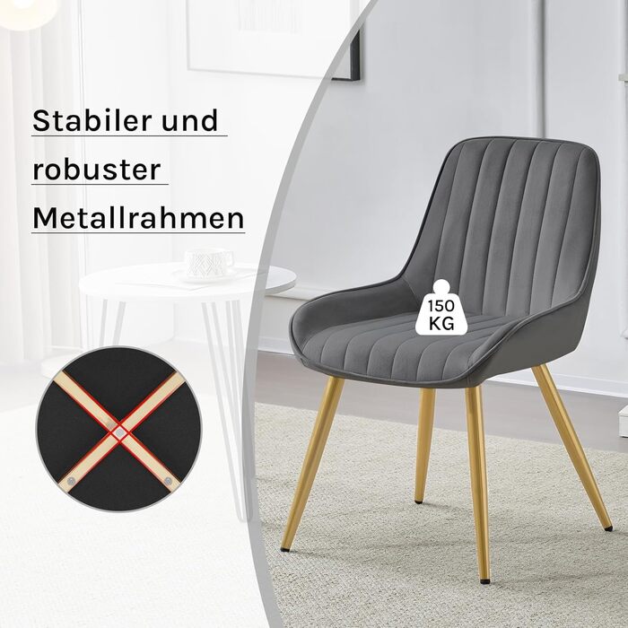 Набір з 2 стільців Lestarain для їдальні, вітальні, кухні. Ретро стільці з м'яким сидінням (велюр, темно-сірий), металеві ніжки, до 150 кг.
