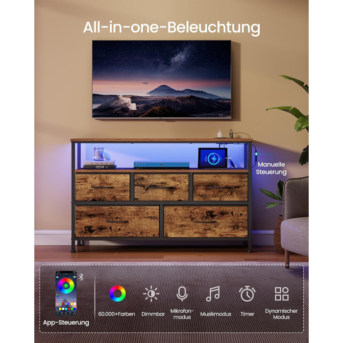 SONGMICS BELLAH: Комод з LED-підсвіткою, тумба з бездроговою зарядкою, 5 шухляд, індустріальний стиль, vintage brown + ink black