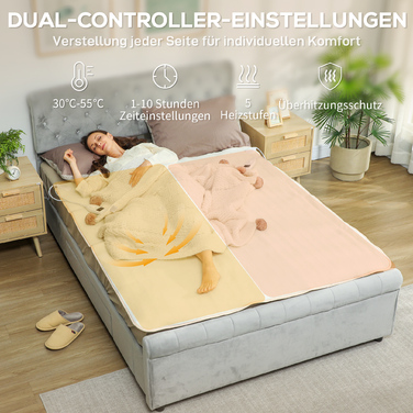 Електрична ковдра з двозонним регулюванням температури 160 x 140 см, яку можна прати в пральній машині, з 5 рівнями нагріву, таймером на 10 годин та захистом від перегріву.