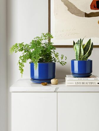 Набір керамічних горщиків LE TAUCI 3 шт. (11, 13, 17 см), горщики для кімнатних рослин з підставкою та дренажним отвором, реактивна глазур (бежевий, сапфіровий блакитний)