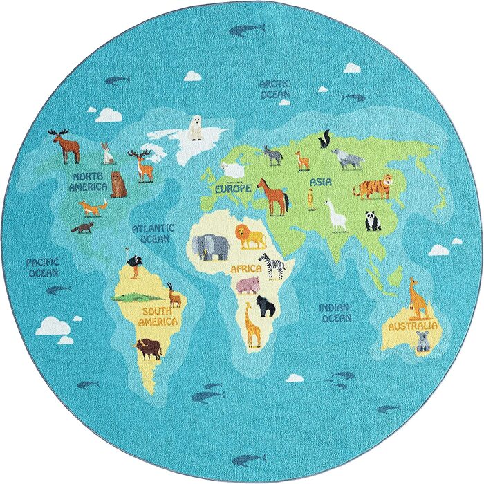 Дитячий килим щасливе життя, дитячий килим, килимок для ігор, що миється, карта світу, Земля,тварини, (круглий, 160 см, синій)
