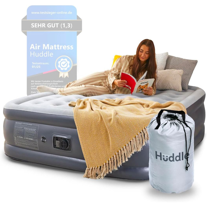Надувне ліжко Huddle Lite з вбудованим насосом – комфортна матрац для кемпінгу, гостей та запасних кімнат (одинарне, двоспальне, king size)
