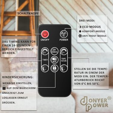 Конвектор DONYER POWER 2500W з Wi-Fi, чорний, з таймером та пультом, скло, для дому