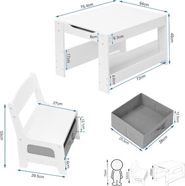 Дитячий стіл Lestarain та 2 стільці, 3 шт. Набір, Стіл для малювання з місцем для зберігання, Дитячий стілець з ящиками, Білий