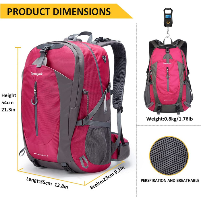 Водонепроникний рюкзак YTL для чоловіків і жінок, легкий рюкзак на відкритому повітрі об'ємом 40 л, підходить для подорожей і кемпінгу (розміри 21,3 x 13,8 x 9,1 дюйма) (рожево-червоний)