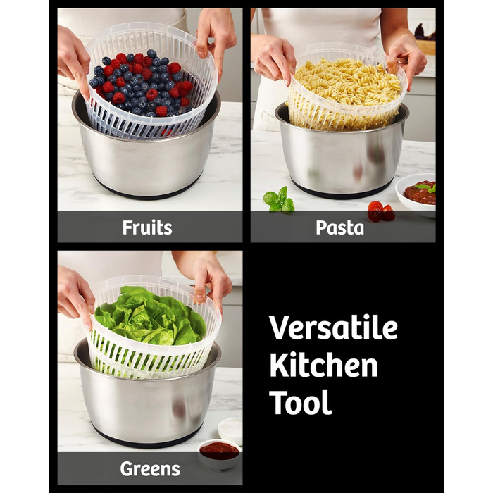 Салатниця-центрифуга з нержавіючої сталі, велика, 6.33 л: для миття та сушіння салатів, овочів та фруктів