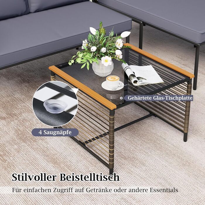 Садовий набір меблів з ротангу COSTWAY: Лаунж-комплект з столом та подушками для саду, балкону, тераси - 3-х місний сірий